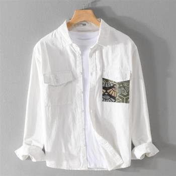 【米蘭精品】襯衫長袖上衣-休閒文藝雙口袋純棉男裝2色74jt80
