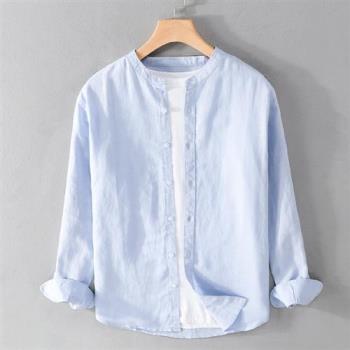 【米蘭精品】襯衫長袖上衣-休閒棉麻小立領男裝5色74jt19