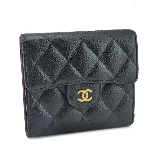 八八成新！CHANEL 黑色荔枝牛皮雙C金釦三折式六卡短夾