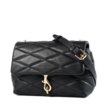 Rebecca minkoff Edie 彈簧釦真皮絎縫菱格磁釦翻蓋斜揹包-金釦黑