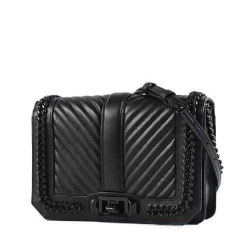 Rebecca minkoff LOVE 鍊帶飾邊翻蓋旋鈕斜背包-黑釦黑/小