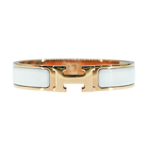 二手品 Hermes Clic H 琺瑯玫瑰金細版手環-PM(白)