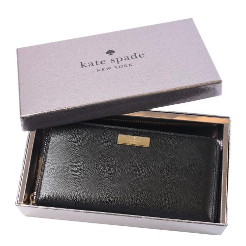 KATE SPADE Kenzie 金屬標十字紋防刮拉鍊長夾禮盒-黑色