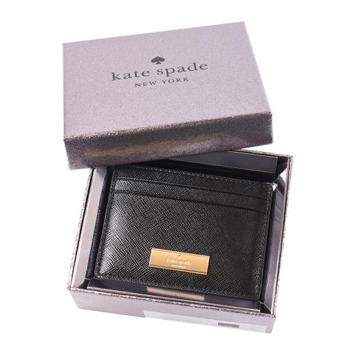 KATE SPADE Kenzie 金屬標十字紋防刮名片夾禮盒-黑色