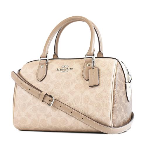 COACH 配色小C防刮皮革手提/斜背二用波士頓包-灰褐