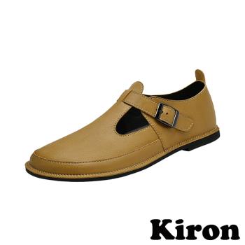 【KIRON】時尚T字釦低跟皮鞋/時尚個性金屬T字皮帶釦飾造型低跟皮鞋 男鞋 黃