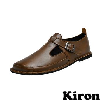 【KIRON】時尚T字釦低跟皮鞋/時尚個性金屬T字皮帶釦飾造型低跟皮鞋 男鞋 棕