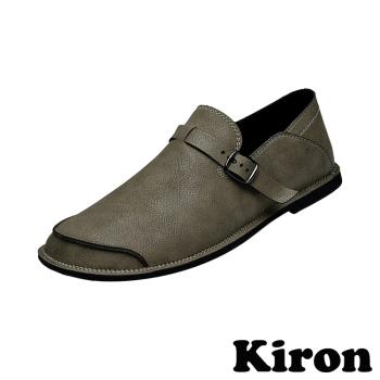 【KIRON】皮帶釦低跟樂福鞋/復古時尚細皮帶釦飾造型低跟樂福鞋 男鞋 卡其