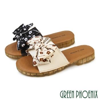 GREEN PHOENIX 女 拖鞋 全真皮 蝴蝶結 寬版 彈力U60-20816