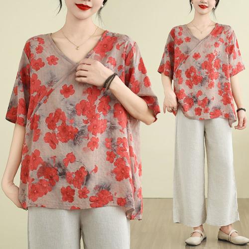  AKARA 輕優雅飄逸紅野莓綿麻五分袖上衣 (春秋 3XL有做 修身剪裁 中大尺碼)