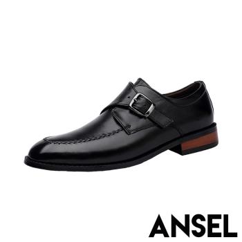 【ANSEL】全真皮皮帶釦尖頭粗跟皮鞋/全真皮頭層牛皮復古皮帶釦飾小尖頭粗跟皮鞋 男鞋 黑