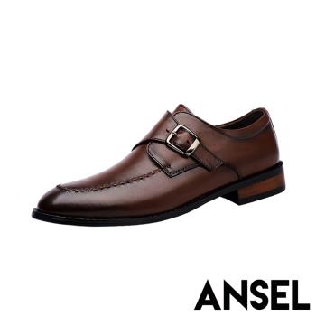 【ANSEL】全真皮皮帶釦尖頭粗跟皮鞋/全真皮頭層牛皮復古皮帶釦飾小尖頭粗跟皮鞋 男鞋 棕