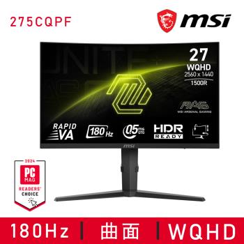 MSI 微星 275CQPF 為 40吋以上 QHD (2560 x 1440) OLED 曲面 LCD 電腦螢幕，採用 HDMI 訊號輸入介面，16:9 長寬比，2~5ms 超快反應時間，亮度 151~350 cd/m²，水平垂直可視角度皆達 178°。支援電競模式、可壁掛式安裝，無內建喇叭，重量僅 5.7kg，尺寸 611.5 x 214 x 428.7mm。附無亮點保固，BSMI 認證 R33008，適合電競玩家追求極致視覺體驗。