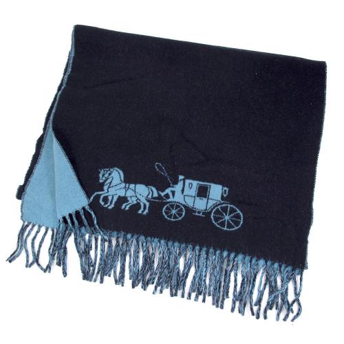 COACH 大馬車LOGO雙面羊毛流蘇圍巾(黑藍色)
