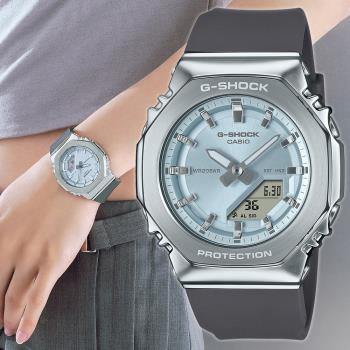 CASIO G-SHOCK 金屬時尚八角造型計時錶/粉藍X灰/GM-S2110-2A