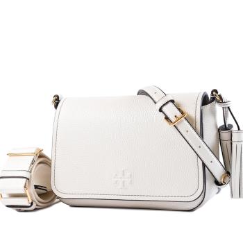 TORY BURCH THEA FLA 荔枝紋流蘇雙背帶翻蓋斜揹包-象牙白