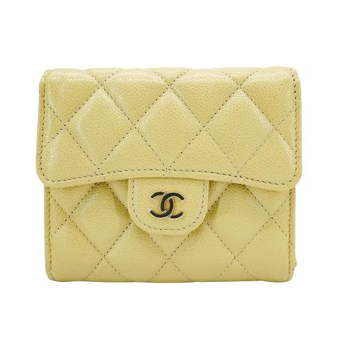 Chanel 粒紋牛皮淡金釦三折短夾(AP0231-芥末黃)