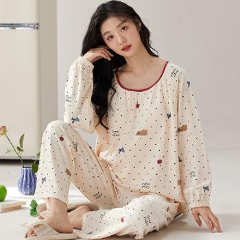 【藍尼居家】★薄款圓領棉質家居睡衣(女睡衣/家居服/舒適/兩件式)