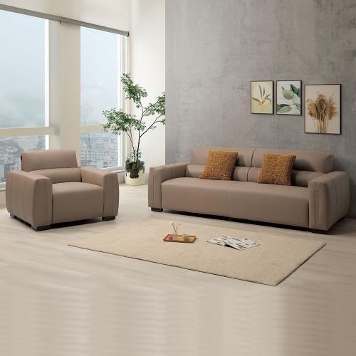 Boden-羅伊斯卡其色耐磨貓抓皮革沙發組合-二件組(1人+3人-附抱枕)