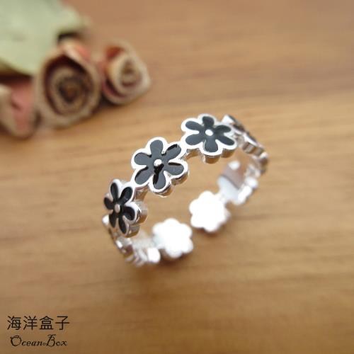 【海洋盒子】可愛黑色滴釉花朵排列925純銀戒指.開口式戒指