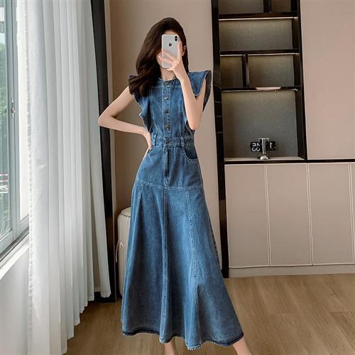 【米蘭精品】長洋裝短袖連身裙-牛仔荷葉邊收腰圓領女裙子74kh20