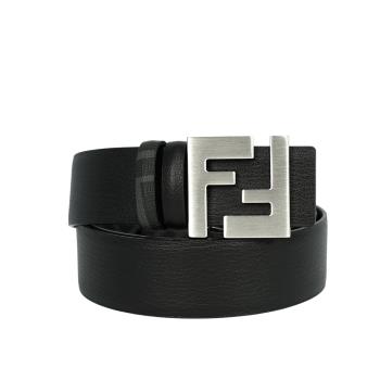 FENDI FF Squared 銀釦帆布及牛皮雙面可用皮帶(黑色/黑灰色)