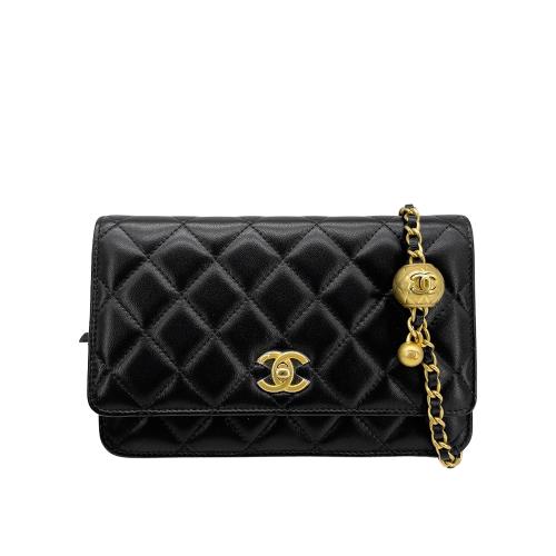 Chanel 展示品 金雙C菱格紋羊皮金球斜背包Woc(AP1450-黑)