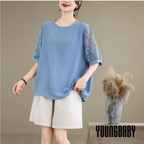 【YOUNGBABY中大碼】圓領拼接簍空蕾絲燈籠袖上衣 中大尺碼女裝