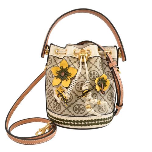 TORY BURCH 88980 T Monogram 立體雕花兩用水桶包.白/淺咖