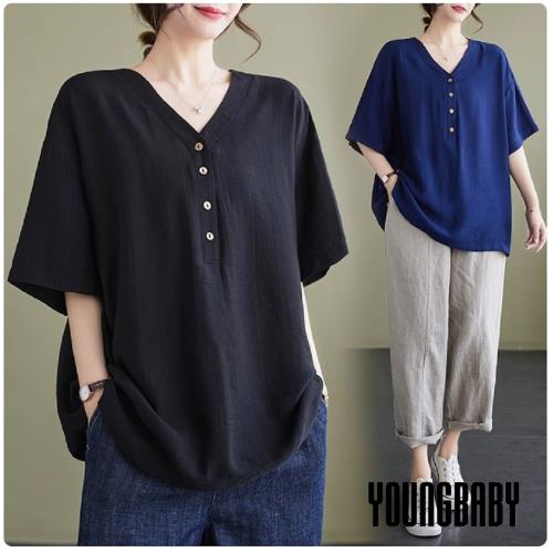 【YOUNGBABY中大碼】韓版V領四釦純色舒適棉麻上衣 中大尺碼女裝