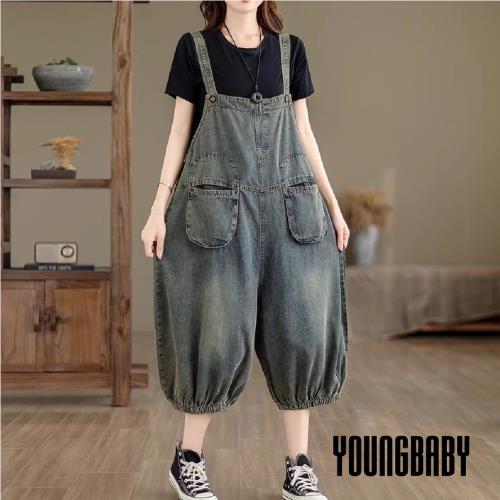 【YOUNGBABY中大碼】立體大口袋七分燈籠褲牛仔吊帶褲 中大尺碼女裝