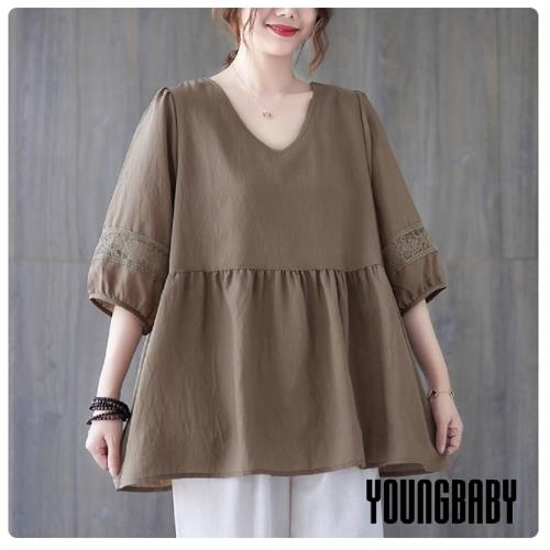 【YOUNGBABY中大碼】秀氣V領泡泡袖娃娃遮肚子上衣 中大尺碼女裝