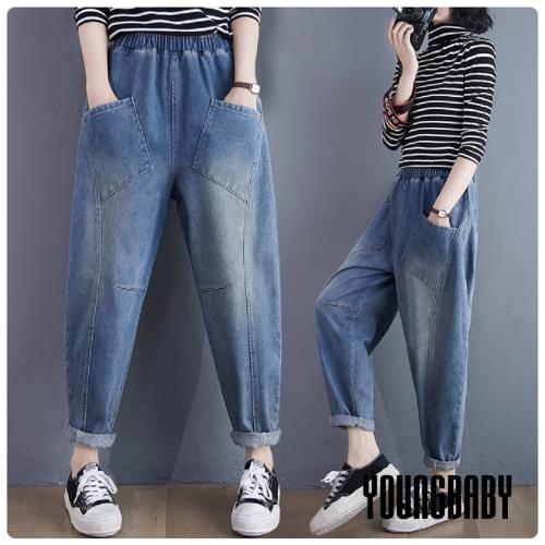 【YOUNGBABY中大碼】鬆緊腰斜大口袋瘦腿車線牛仔褲哈倫褲 中大尺碼女裝