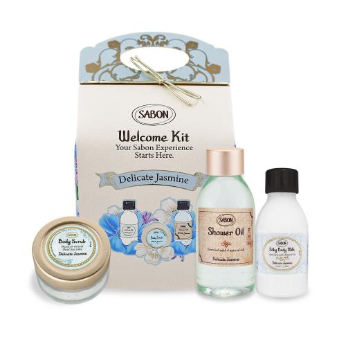 SABON 茉莉花語明星三部曲推薦組[沐浴油100ml+磨砂膏60g+絲綢身體乳液50ml]-國際航空版