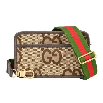 GUCCI 696075 JUMBO GG 緹花帆布拉鍊斜揹包/小包.駝/棕