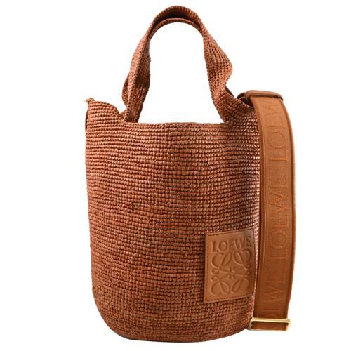 LOEWE Slit Mini 經典皮標徽章LOGO手提兩用草編包.栗棕色