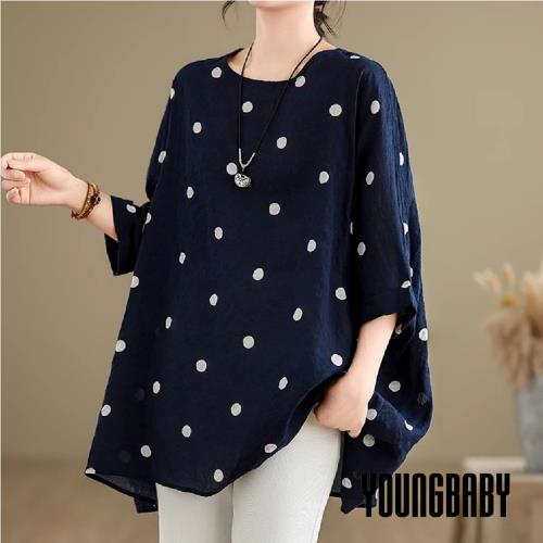 【YOUNGBABY中大碼】日系點點蝙蝠袖寬鬆棉麻上衣 中大尺碼女裝