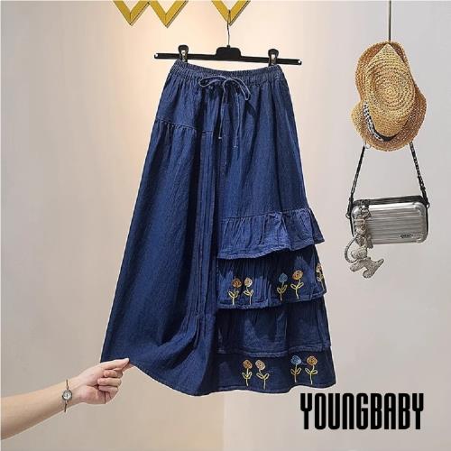 【YOUNGBABY中大碼】荷葉刺繡小花大襬鬆緊牛仔裙 中大尺碼女裝