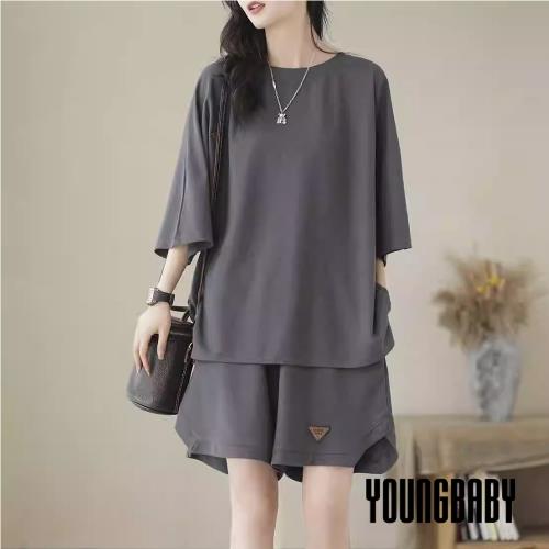 【YOUNGBABY中大碼】三角小布標開叉上衣短褲套裝 中大尺碼女裝