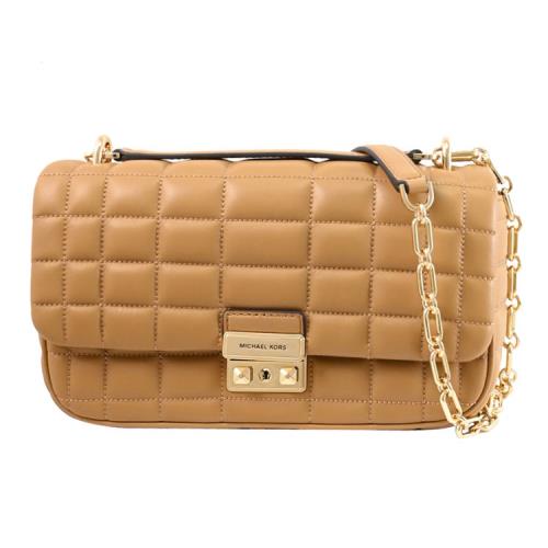 MICHAEL KORS TRIBECA 金屬釦LOGO皮革翻蓋肩斜鍊包.淺咖