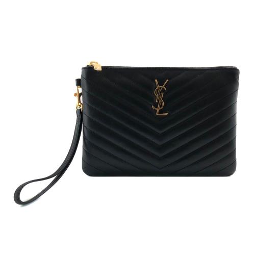 YSL 展示品 Monogram V字縫線牛皮金logo手拿包(379039-黑)