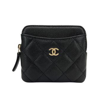 Chanel 菱格紋金雙C拉鍊卡夾/零錢包(AP2061-黑)
