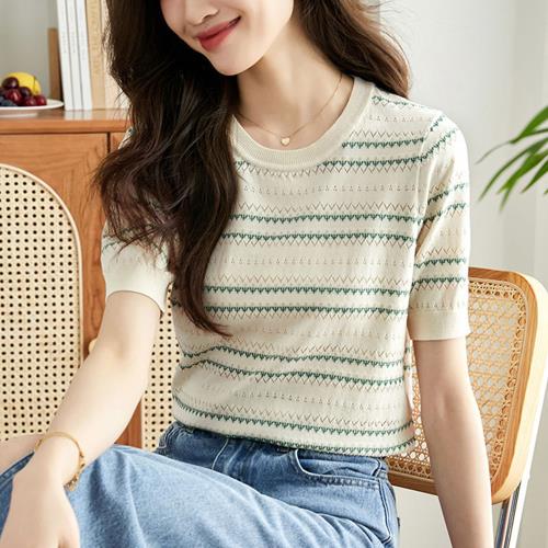 任-【ALLK 歐楷】新品 條紋涼感針織衫上衣 2色(尺寸F/中大尺碼/涼爽/透氣)