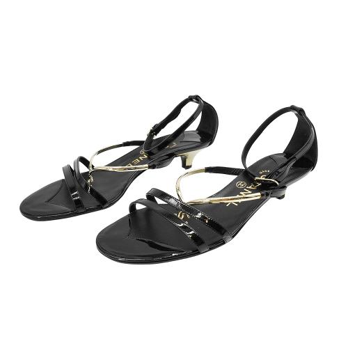 二手品 Chanel 漆皮金雙C綁帶低跟涼鞋-36.5(黑)