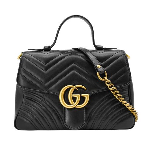 二手品 Gucci Marmont Handle 牛皮手提二用包-中(498110-黑)