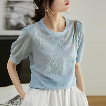 任-【ALLK 歐楷】新品 釘珠泡泡袖針織衫上衣 3色(尺寸F/中大尺碼/涼爽/透氣)