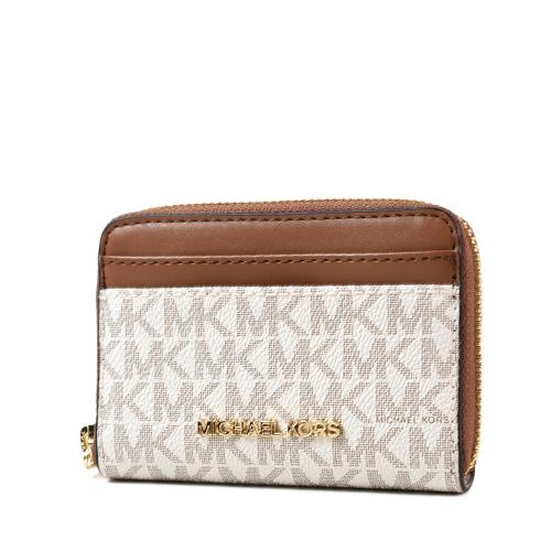 MICHAEL KORS 緹花LOGO防刮皮革拉鍊零錢包/卡包-白/棕