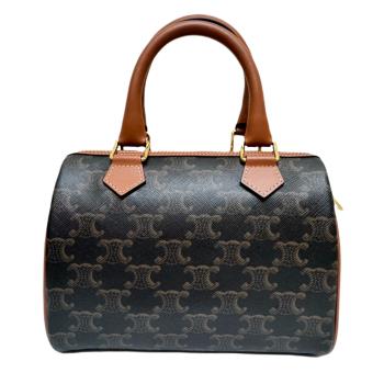 【CELINE】經典TRIOMPHE凱旋門標誌印花牛皮革 小號波士頓包 黃褐色 - 113772CAS.04LU