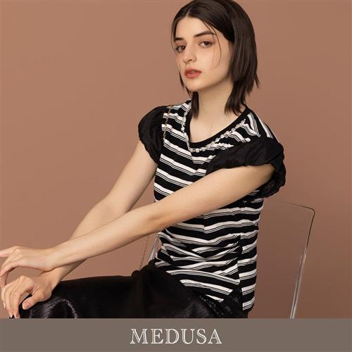 現貨【MEDUSA 曼度莎】珍珠串橫紋擴肩上衣（M-XL）｜女短袖上衣 媽媽禮服