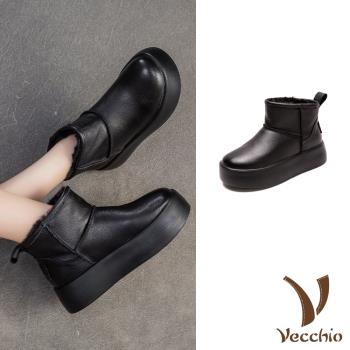 【VECCHIO】真皮厚底短筒雪靴/真皮頭層牛皮經典厚底保暖絨毛內裡短筒雪靴 女鞋 黑